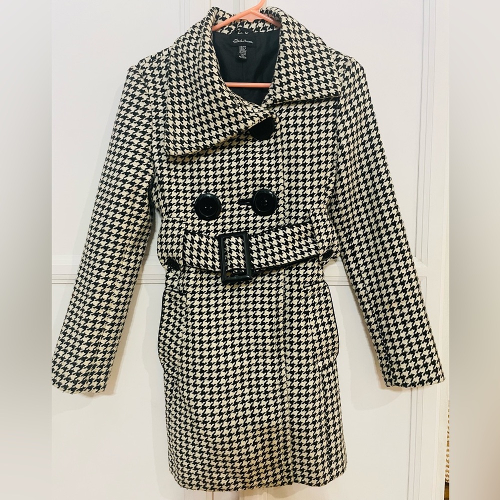 Seductions‎ Wool Blend Houndstooth Coat XS Black White Long Sleeve Pea Coat